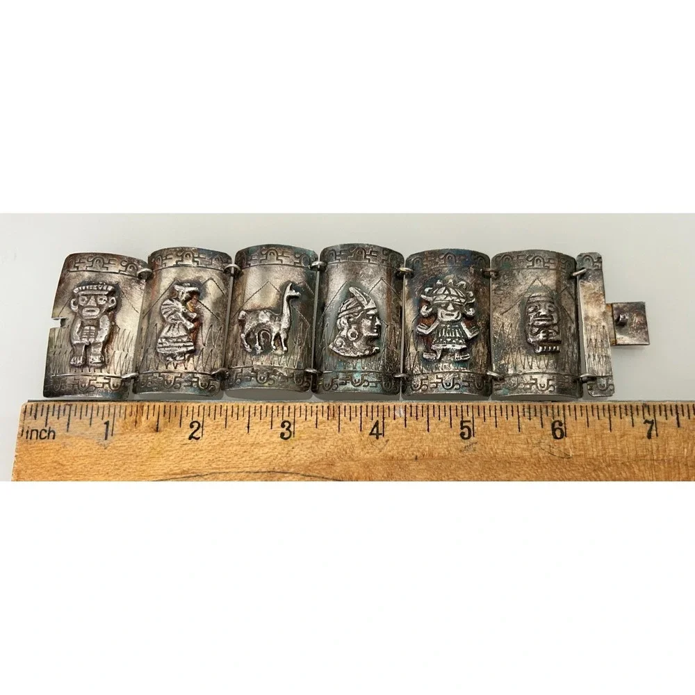 Vintage Peruvian Sterling Silver Panel Storyteller Bracelet 925 Signed AS 69g